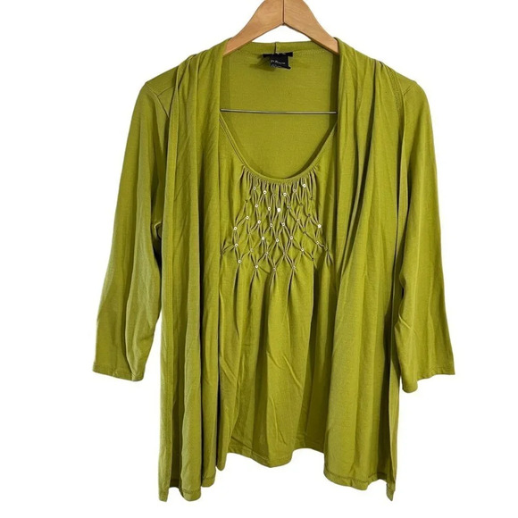 R.Q.T Green Sequin Cardigan Blouse Size XL Gathered Knit Office Workwear Top - Picture 1 of 8
